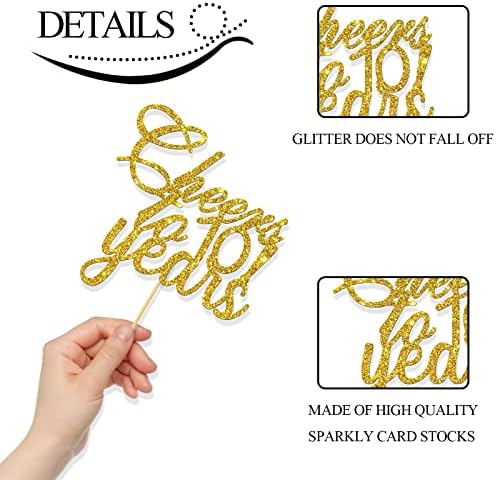Gold Glitter Cheers to 10 Years Cake Topper - Children's 10th Birthday Cake Topper - 10 Years Blessed Wedding Anniversary Party Decorations