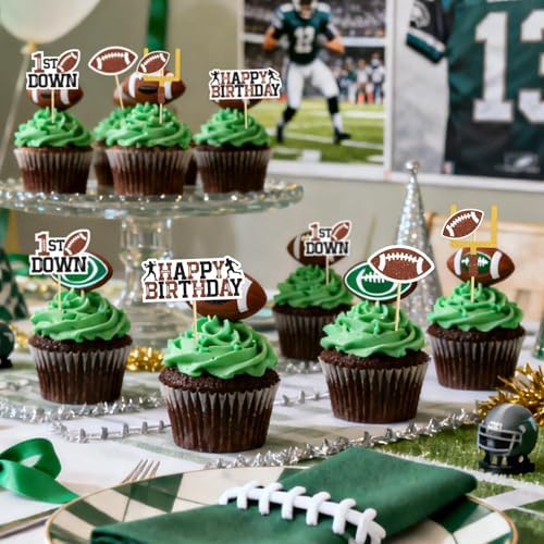 Hooqict 40Pcs Football Cupcake Toppers Football 1st Birthday Cupcake Topper Cake Decorations for Kids Boys First Down Birthday Party Baby Shower Decorations Sports Theme Party Supplies