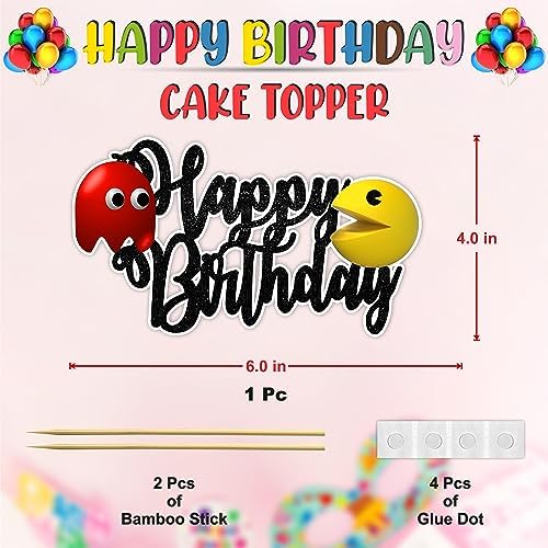 "Pacmn Ghost Happy Birthday Cake Topper – Retro Arcade Game Theme Party Decoration – Fun Gamer Birthday Cake Topper Boys, Girls, Teens, and Adults – Classic Video Game Birthday Party Supplies"
