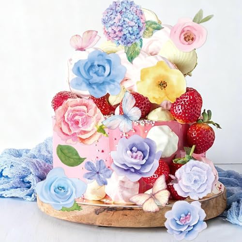 280pcs Edible Cake Toppers, Glutinous Rice Paper Edible Butterfly and Flower Mixed Colour Cake Cupcake Decorations Suitable for Birthday Party Celebration DIY Project Wedding