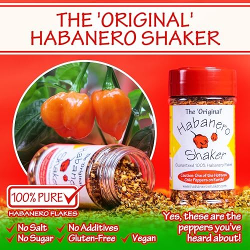 The Original Habanero Shaker - Pure Hot Chile Pepper Flakes, Custom Ground for Balanced Flavor & Heat, No Additives, Gluten-Free, Salt & Sugar-Free, Enhances Any Meal with Unique Grind Size, 1.5 oz