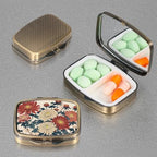 Dynippy Pill Case Pill Box with Mirror Retro Pocket 2 Compartment Medicine Case Vitamin Pill Organizer for Pocket Purse and Travel (Retro- Traditional Chrysanthemums)