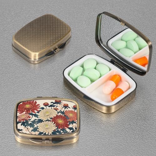 Dynippy Pill Case Pill Box with Mirror Retro Pocket 2 Compartment Medicine Case Vitamin Pill Organizer for Pocket Purse and Travel (Retro- Traditional Chrysanthemums)