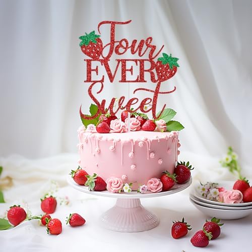 Four Ever Sweet Cake Topper, Strawberry 4th Birthday Cake Topper, Berry Sweet Four, Strawberry Themed 4th Birthday Party Decorations, Red Glitter