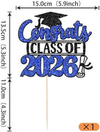 Rsstarxi 1 Pack Congrats Class of 2026 Cake Topper Glitter Congrats Class of 2026 Graduation Cap Diploma Cake Pick Decorations for 2026 Graduation Theme Party Supplies Black Blue