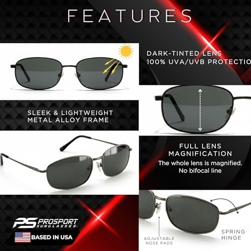 proSPORT Reading Sunglasses Full Lens Sun Readers for Men Women UV Protection Non-Bifocal Lightweight Metal Frame Smoke Lens