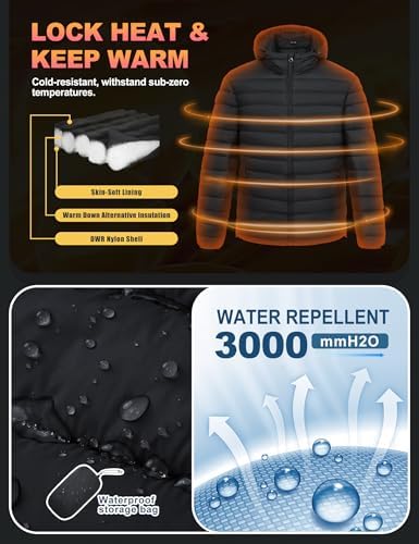 Men's Lightweight Packable Puffer Jacket Hooded High Collar Insulated Water-Resistant Winter Jackets Puffy Coat