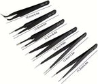 Black Heavy-Duty Precision Tweezers Set 6pcs - Pointed Tip & Curved End Fine-Point Tweezers for Electronics Repair, Making, Crafting, Cleaning - Metal DIY Kit for Hobbyists