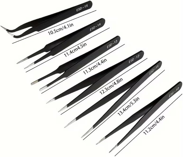 Black Heavy-Duty Precision Tweezers Set 6pcs - Pointed Tip & Curved End Fine-Point Tweezers for Electronics Repair, Making, Crafting, Cleaning - Metal DIY Kit for Hobbyists
