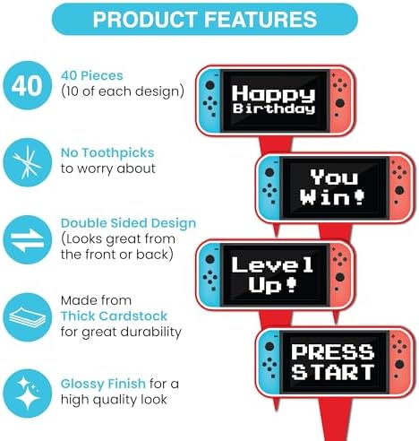 Blue and Red Video Game Controller Cupcake Toppers, Set of 36 – Gamer-Themed Party Decorations for Birthdays and Events by Pretty Cute Studios