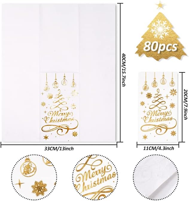 Whaline 80Pcs Christmas Guest Napkins Gold Foil 3 Ply Disposable Paper Pack Xmas Tree Snowflake Pattern Dinner Hand Towel Napkin for Xmas Party Winter Holiday Wedding Birthday Table Decorations