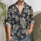 Vintage Skull Flower Mens Graphic Long Sleeve Button Down Shirt Stylish Dress Shirt