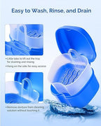 JMU 2pcs Denture Bath Case, Denture Cup for Soaking Dentures with Strainer Basket Tray for Dentures, Mouth Guard Storage Case (Navy Blue/Teal Blue)