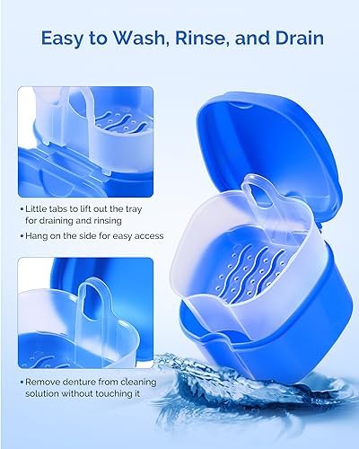 JMU 2pcs Denture Bath Case, Denture Cup for Soaking Dentures with Strainer Basket Tray for Dentures, Mouth Guard Storage Case (Navy Blue/Teal Blue)