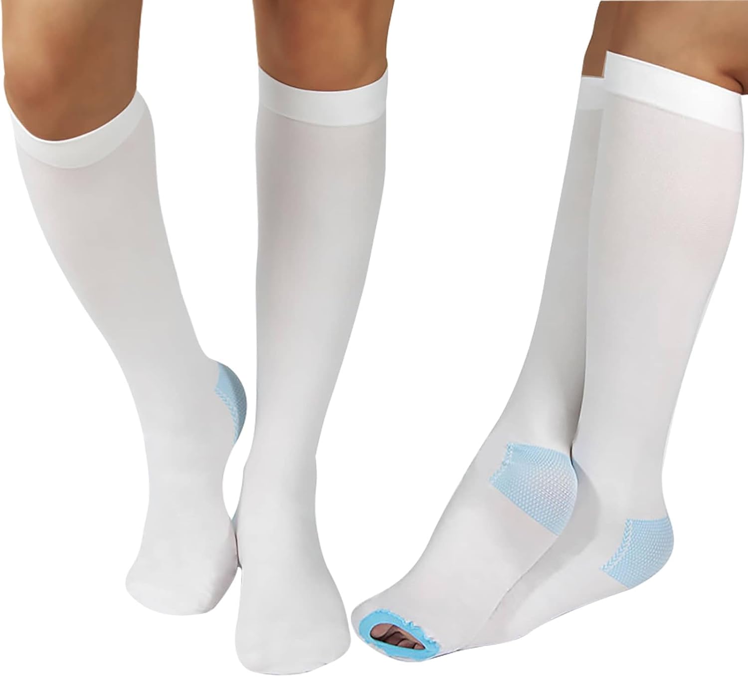 2 Pairs Medical Grade 15-20mmHg TED Hose Compression Stockings for Women & Men, Knee-High Anti Embolism Stockings with Inspection Hole, Unisex White