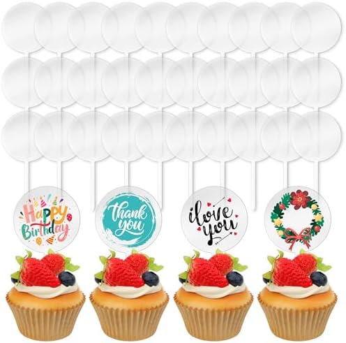 Blank Acrylic Cupcake Toppers, 30 Packs Round Cupcake Topper with Sticks, DIY Dessert Table Cupcake Signs, Suitable for Birthdays, Weddings, Christmas, Baby Showers Cake Decoration