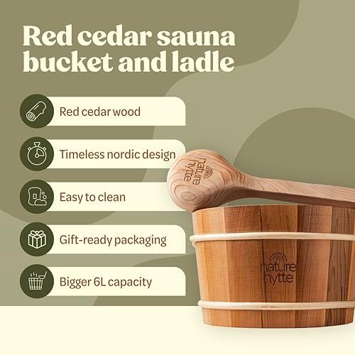 Red Cedar Sauna Bucket and Ladle Set 6L (1.6 Gallon) - Natural Rope Handle - Premium Red Cedar Wood - Natural Aroma - Elegant Gift-Ready Packaging