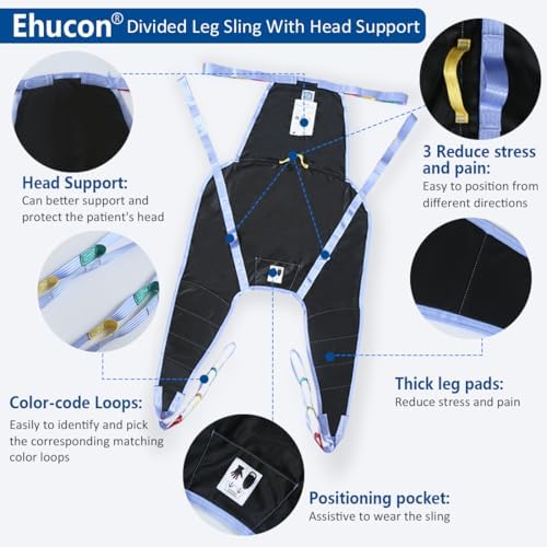 Universal Divided Leg Sling with Head Support, Padded Patient Lift Sling for Transfer, Lifting or Positioning, U Shape Transfer Sling for Elderly, Disabled, Bedridden, 500Lbs (Black, Small)