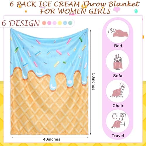 Hahafelt 6 Pack Ice Cream Throw Blankets Cute Dessert Flannel Blanket Soft Cozy Aesthetic Throw for Couch Bed Dorm Room Decor Ice Cream Party Favors Summer Party Gifts