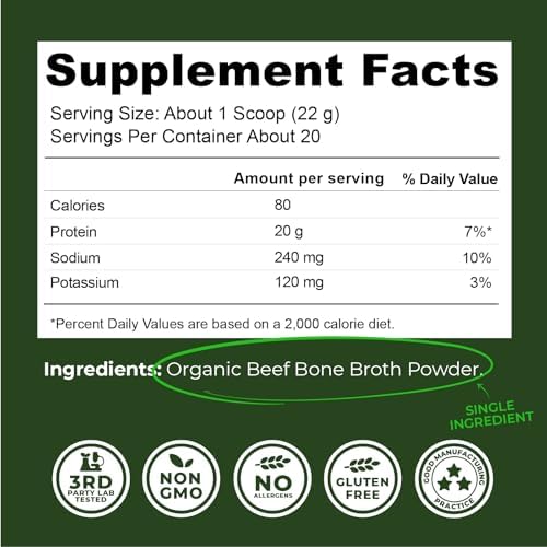 16oz Organic Bone Broth Protein Powder from Grass Fed Beef - USDA Certified Organic, Single Ingredient, Rich in Collagen, Glucosamine, No Additives, Perfect for Carnivore, Paleo, and Keto Diets