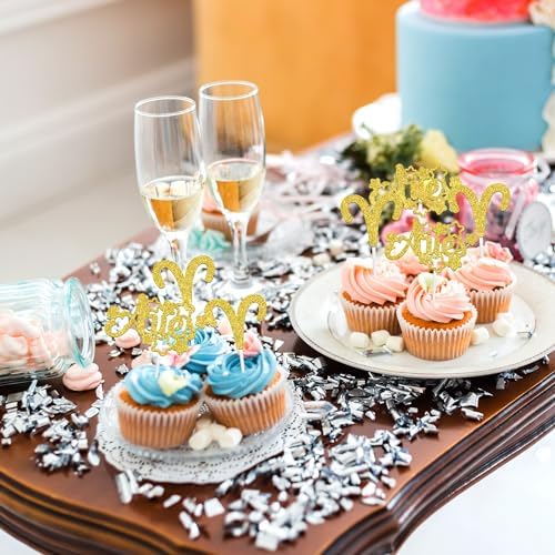 12Pcs Aries Cupcake Topper, Big Aries Energy/Aries Season, 12 Constellation March/April Birthday Cupcake Decoration, Horoscope Astrology Birthday Party Supplies, Gold Glitter