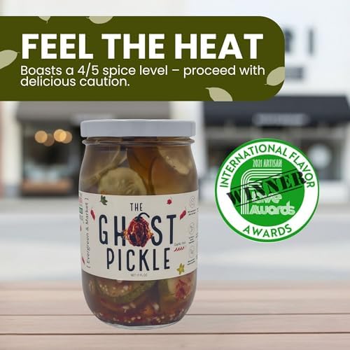 [PICKLES] - The Ghost Pickle - 79% Less Sodium & Sugar Free - Infused with Ghost Peppers - Fiery 4/5 Heat - Spicy Gourmet for Savory Dishes & Bold Cocktails - Made from Fresh Southern Produce - 17 Oz