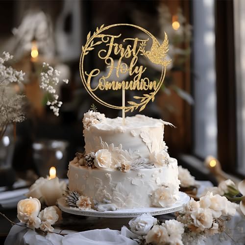 First Holy Communion Cake Topper, Spanish Baptism, Religious Christening, Wedding Baby Shower 1st Birthday Party Decorations, Gold Glitter
