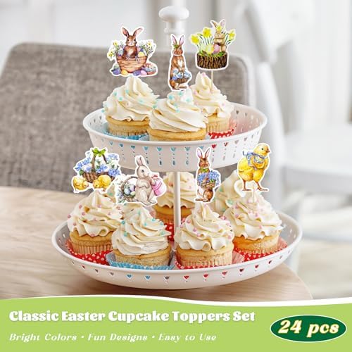 Easter Cupcake Toppers Easter Bunny Cupcake Topper 24PCS Easter Cake Topper Decorations Bunny Cupcake Topper Decor for Easter Spring Party Desserts Cupcake Topper Decoration