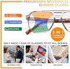JO Progressive Multifocus Reading Glasses Men Women Oversize XL - No Line Progressive Reader Half-Rim for Mid-Near