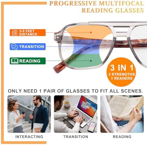 JO Progressive Multifocus Reading Glasses Men Women Oversize XL - No Line Progressive Reader Half-Rim for Mid-Near