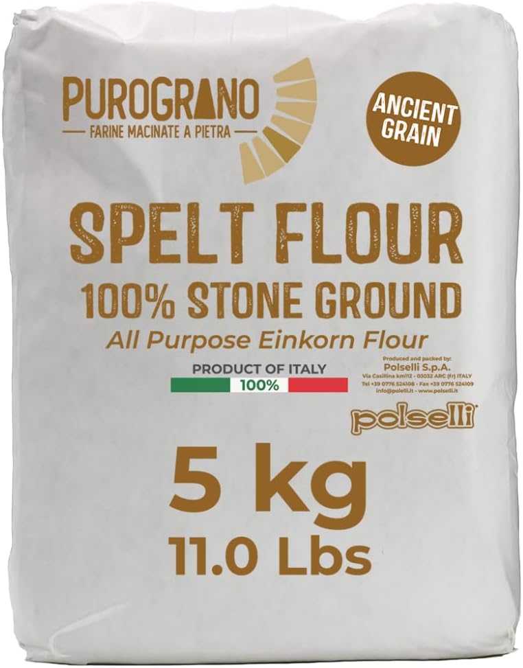 Polselli, Purograno,100% Stone Ground Spelt (Farro) Flour, 5kg, 11 lb – Ancient Whole Grain, High Protein, All-Purpose for Bread, Pizza, Pasta & Pastries – Imported from Italy. Unbleached, unbromated and no additives