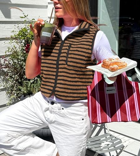 Colorful world Striped Fleece Vest Women High Neck Zip Up Sleeveless Teddy Sherpa Vest with Chest Pocket