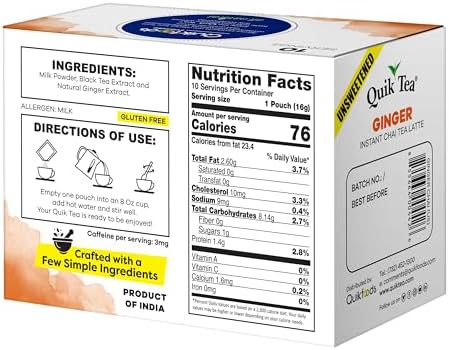 QuikTea Ginger Unsweetened Chai Tea Latte – 10 Count, Bold Ginger Flavor, no preservatives, No Sugar Added – Just Add Hot Water