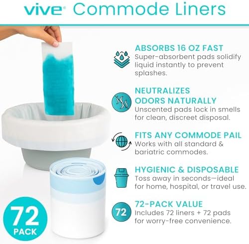 Vive Commode Liners with Absorbent Pads - Portable Toilet Bedside Chair Replacement Bags - Disposable Porta Potty Liners for Bariatric Standard Arm 3 in 1 Folding Buckets - Leakproof (72 Pack)