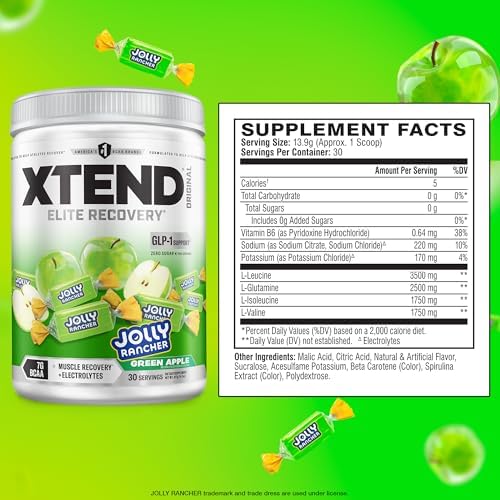 Xtend Original BCAA Powder, 7g BCAAs and 2.5g L-Glutamine for Muscle Recovery, Hydration, and Lean Muscle, Sugar Free Intra and Post Workout Drink with, Green Apple Jolly Rancher, 30 Servings