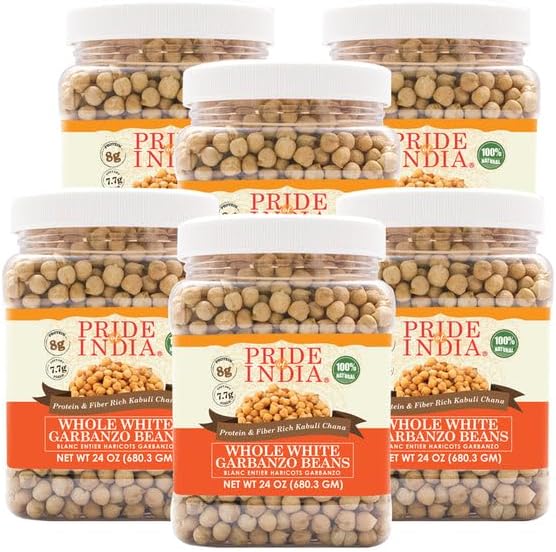 Pride Of India - PACK of 6 - Indian Whole White Garbanzo Beans 10mm - Protein & Fiber Rich Kabuli Chana, 1.5 Pound Jar