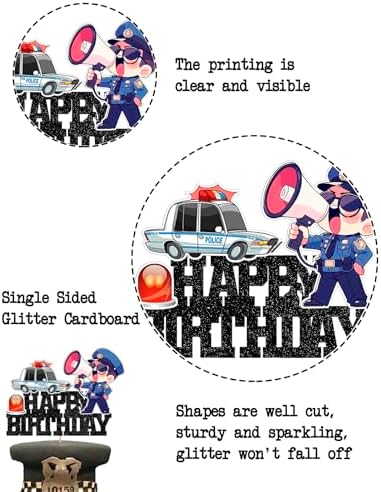 Police Birthday Cake Topper| Policeman Officer Police Car Themed for Kids Adults Happy Birthday Retirement Party Supplies Black Glitter Decorations Supplies