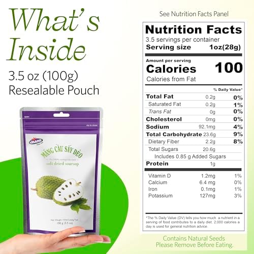 Vinamit Soft Dried Soursop | Soursop Fruit 3.5 oz bag | Natural Tropical Fruit Snack | Vegan, Gluten-Free, Non-GMO | High in Fiber, Ideal for Travel & Clean Eating | The Product Contains Seeds