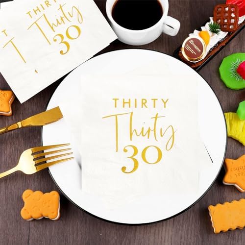 40pcs White and Gold 30th Birthday Cocktail Napkins,30th Birthday Anniversary Party Supplies for Women and Men,30th Birthday Beverage Cocktail Cake Paper Napkins, 10x10 inch
