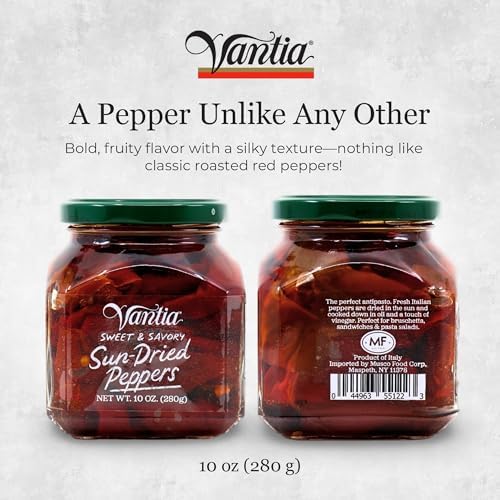 Vantia Sweet & Savory Sun-Dried Peppers 10 oz – Imported Italian Peppers in Olive Oil with Bold Fruity Flavor, Perfect for Antipasto, Salads, Pasta, Pizza & Gourmet Recipes