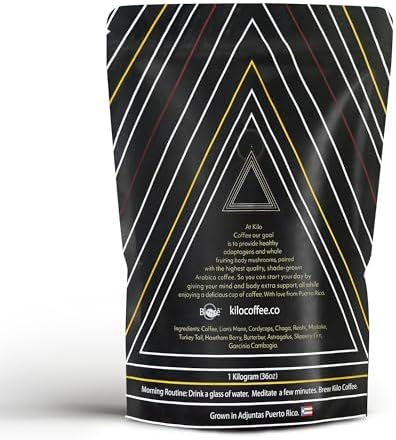 Kilo Coffee with Adaptogenic Mushrooms, Whole Fruiting Body: Lions Mane, Chaga, Reishi, Cordyceps. Single Origin from Puerto Rico. Medium Roast Arabica, Low Acid. 2.2lbs