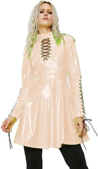 Women PVC Long Sleeve Dress Vinyl Hollow Out A-Line Dress High Waist Above Knee Mini Party Dress,Apricot,L
