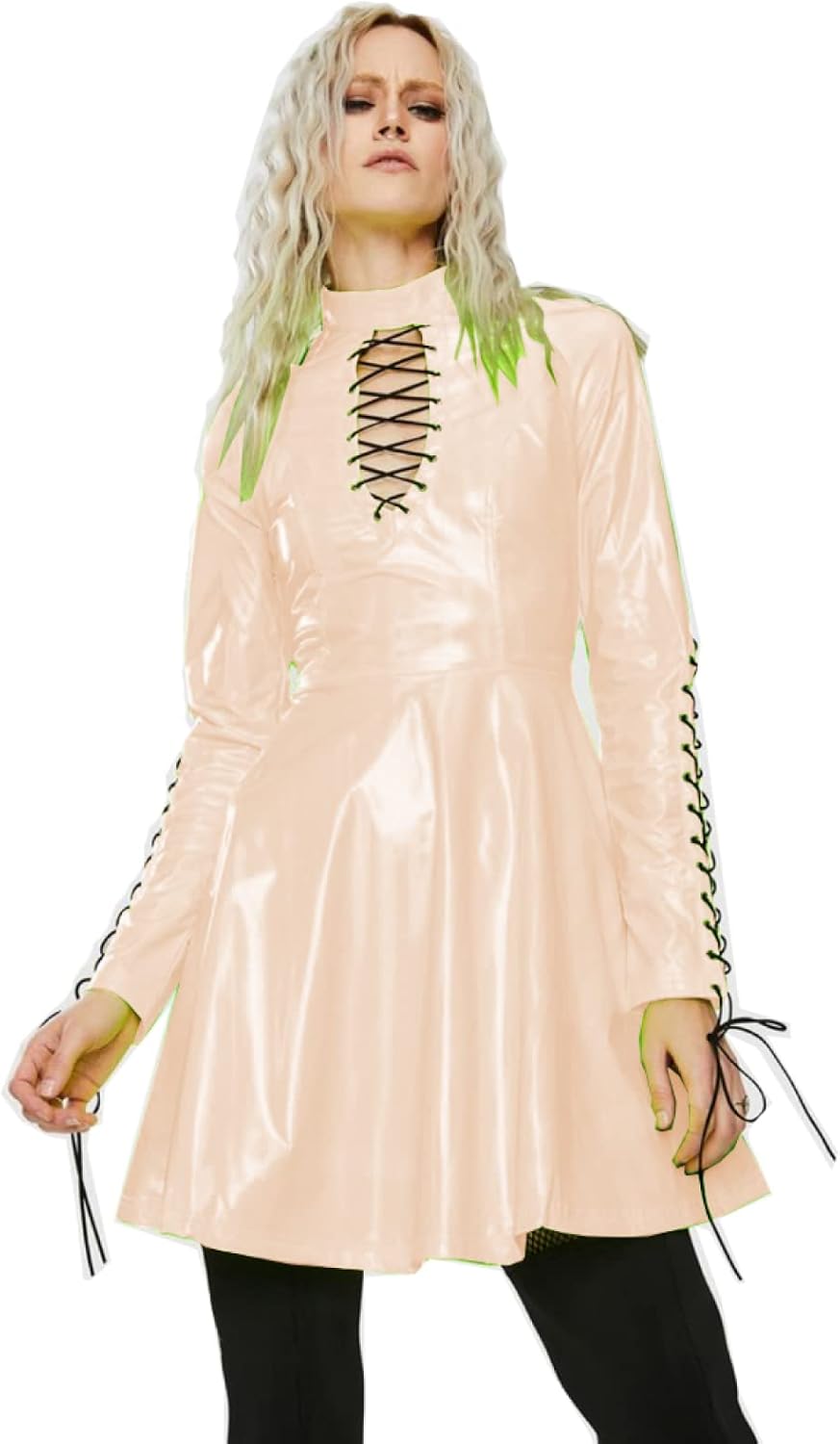Women PVC Long Sleeve Dress Vinyl Hollow Out A-Line Dress High Waist Above Knee Mini Party Dress,Apricot,L