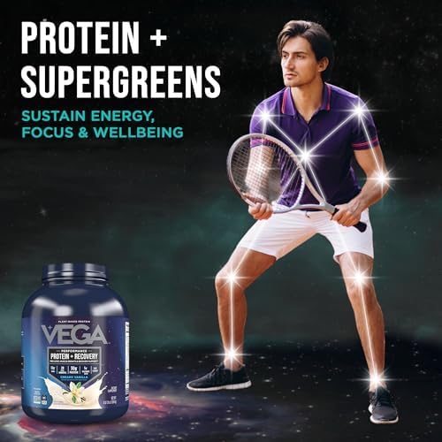 Vega Sport Vegan Protein Powder + Recovery - 30g Plant Based Protein per Serving, Vanilla, 45 Servings, 5g BCAAs, Probiotics, NSF Certified, for Shakes & Smoothies, 4.1lbs (Packaging May Vary)