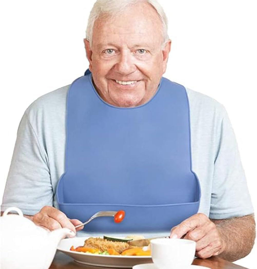 Adult Bibs, Waterproof Clothing Protector with Pocket, Reusable Apron Mealtime Crumb Catcher for Elderly Seniors Eating