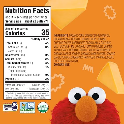 Earth's Best Organic Veggie Puffs for Toddlers 2 Years Old and Up, Cheddar Flavor, 1.55 Ounce Bag (Pack of 4)
