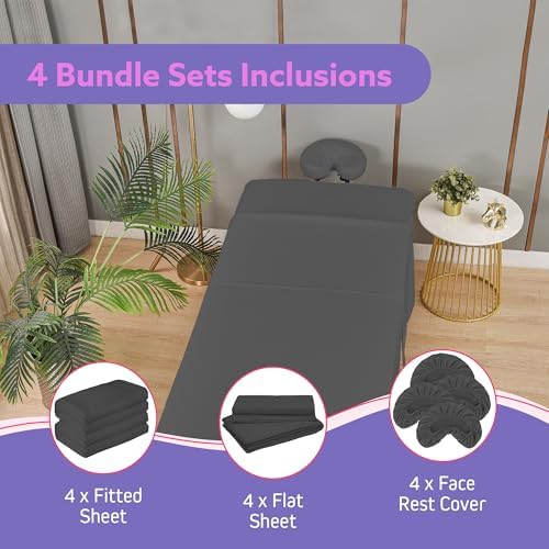 Massage Table Sheets Set – 3 Piece 4 Set, Microfiber Spa Bed Sheets, Cotton-Feel Massage Bed Cover, Wrinkle & Oil Resistant, Soft Accessories for Estheticians – Gray