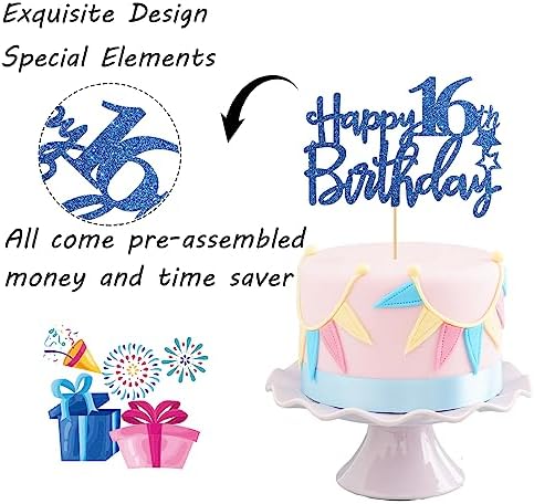 Royal Blue Glitter Happy 16th Birthday Cake Topper - 16 Sign Cake Topper - Cheers to 16 Years Party Supplies - 16th Birthday Party Decorations