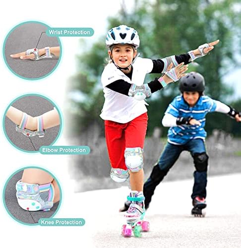 SULIFEEL Rainbow Unicorn Knee Pads for Kids Knee Elbow Pads Wrist Guards with Drawstring Bag Adjustable Protective Gear Set for Girls Roller Skating Bike Cycling Skateboard Scooter Shiny Medium