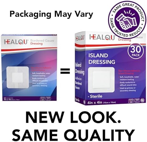 HEALQU Island Dressing - 4"x4", 30 Count - Bordered Gauze Sterile Individually Wrapped Gauze Pads, Water-Resistant, Non-Woven Backing - Soft and Breathable Wound Dressing for First Aid and Medical